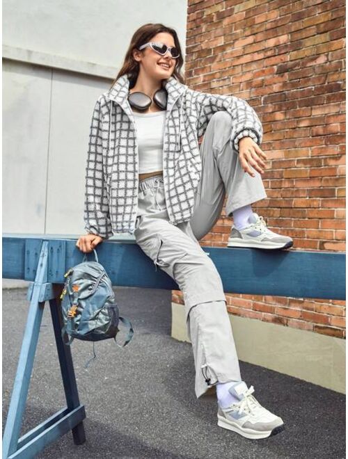 In My Nature Plaid Pattern Drop Shoulder Drawstring Outdoor Fleece Jacket