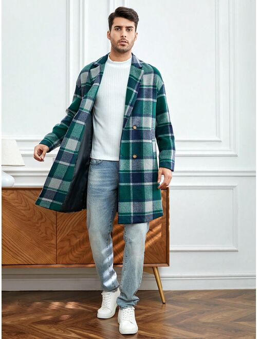 Shein Manfinity Homme Men Plaid Double Breasted Overcoat