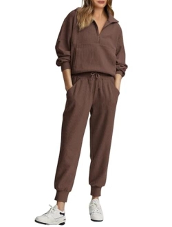 Womens 2 Piece Sweatsuits Set Long Sleeve Half Zip Pullover Sweatshirt Joggers Sweatpants Fall Outfits Tracksuit