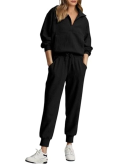 Womens 2 Piece Sweatsuits Set Long Sleeve Half Zip Pullover Sweatshirt Joggers Sweatpants Fall Outfits Tracksuit