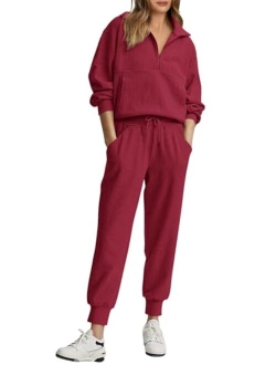 Womens 2 Piece Sweatsuits Set Long Sleeve Half Zip Pullover Sweatshirt Joggers Sweatpants Fall Outfits Tracksuit