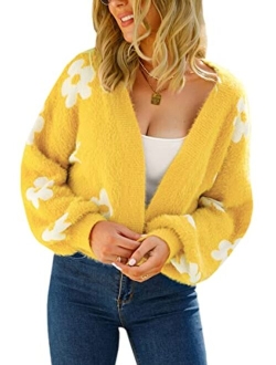 ECOWISH Women's Cardigan Sweaters - Floral Knit Open Front Cardigans Long Sleeve Sweater Outwear Tops for Women