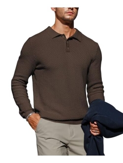 Zaitun Mens Long Sleeve Knit Polo Shirts Casual Lightweight Collared Sweater