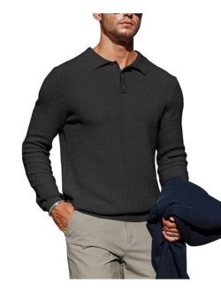 Zaitun Mens Long Sleeve Knit Polo Shirts Casual Lightweight Collared Sweater