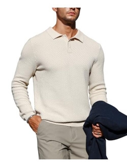 Zaitun Mens Long Sleeve Knit Polo Shirts Casual Lightweight Collared Sweater