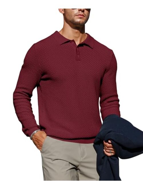 Zaitun Mens Long Sleeve Knit Polo Shirts Casual Lightweight Collared Sweater