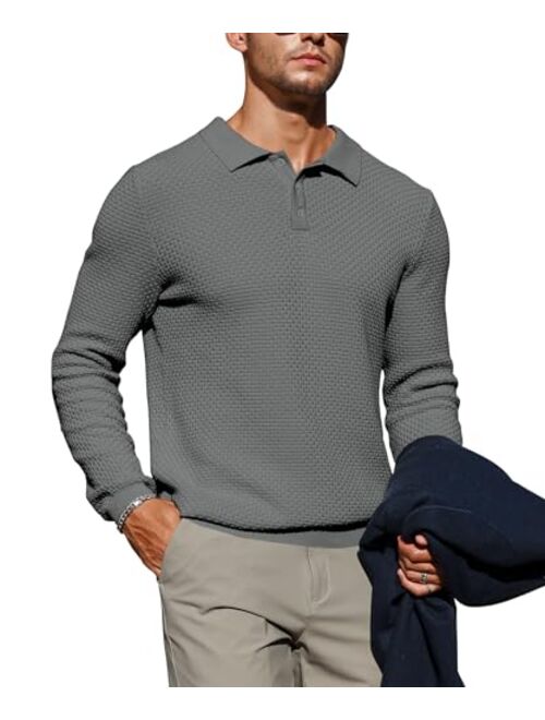 Zaitun Mens Long Sleeve Knit Polo Shirts Casual Lightweight Collared Sweater