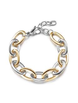 CIUNOFOR Link Bracelet Designer Brand Inspired Antique Women Jewelry Cable WireVintage Valentine Wide Cuban Curb Link Bracelet Stainless Steel Adjustable Chain (two tone)