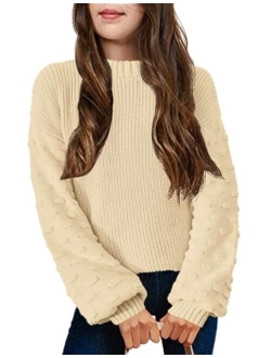 Girls Crewneck Sweaters Chunky Lantern Sleeve Knit Jumper Tops Casual Drop Shoulder Pullover Outwear for 5-13 Years