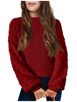 Girls Crewneck Sweaters Chunky Lantern Sleeve Knit Jumper Tops Casual Drop Shoulder Pullover Outwear for 5-13 Years