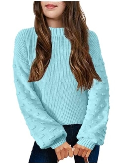 Girls Crewneck Sweaters Chunky Lantern Sleeve Knit Jumper Tops Casual Drop Shoulder Pullover Outwear for 5-13 Years