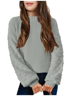 Girls Crewneck Sweaters Chunky Lantern Sleeve Knit Jumper Tops Casual Drop Shoulder Pullover Outwear for 5-13 Years