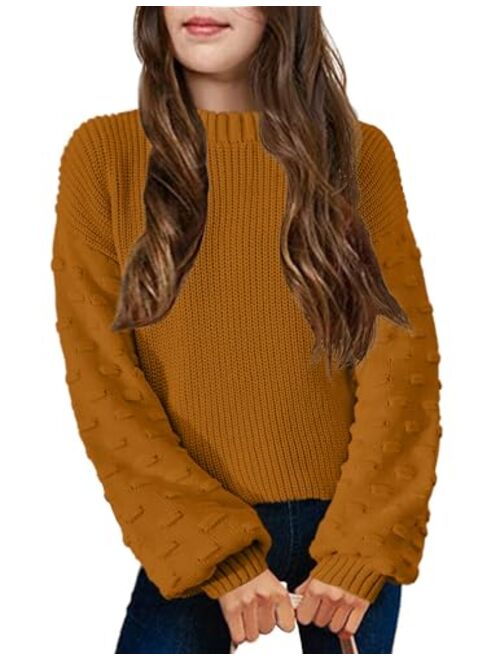 Arshiner Girls Crewneck Sweaters Chunky Lantern Sleeve Knit Jumper Tops Casual Drop Shoulder Pullover Outwear for 5-13 Years