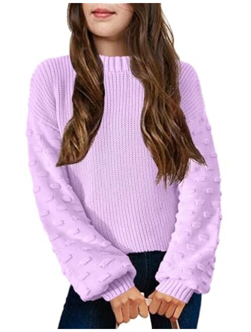 Arshiner Girls Crewneck Sweaters Chunky Lantern Sleeve Knit Jumper Tops Casual Drop Shoulder Pullover Outwear for 5-13 Years