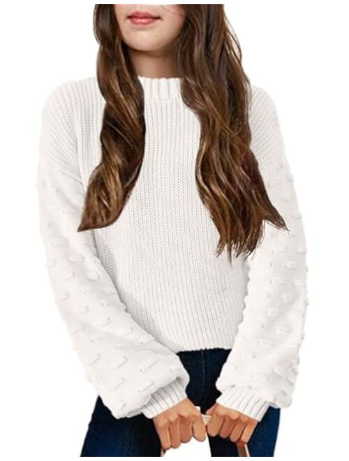 Arshiner Girls Crewneck Sweaters Chunky Lantern Sleeve Knit Jumper Tops Casual Drop Shoulder Pullover Outwear for 5-13 Years