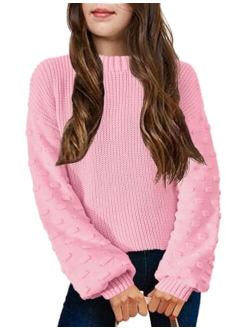 Arshiner Girls Crewneck Sweaters Chunky Lantern Sleeve Knit Jumper Tops Casual Drop Shoulder Pullover Outwear for 5-13 Years