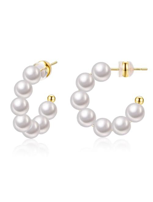 GIEOGOCN Pearl Hoop Earrings for Women Small Lightweight Pearl Earrings for Women with 925 Sterling Silver Post 14K Gold Plated Open Large Circle Round Pearl Hoops Earrin