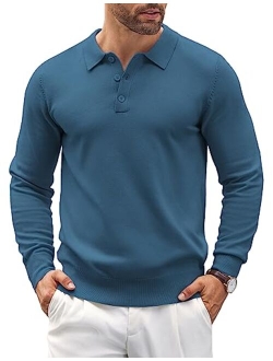 Mens Knit Polo Shirts Casual Long Sleeve Classic Polo Shirts Button Down Golf Shirts