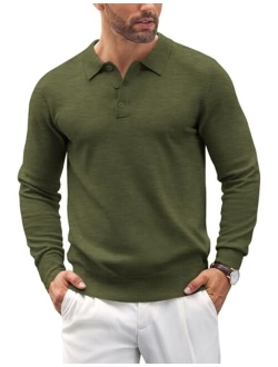 Mens Knit Polo Shirts Casual Long Sleeve Classic Polo Shirts Button Down Golf Shirts