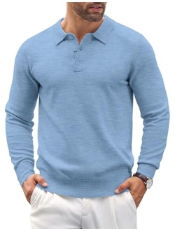 Mens Knit Polo Shirts Casual Long Sleeve Classic Polo Shirts Button Down Golf Shirts