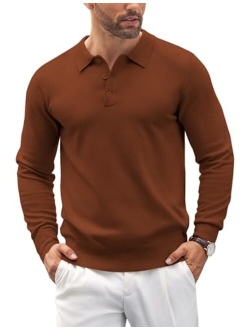 Mens Knit Polo Shirts Casual Long Sleeve Classic Polo Shirts Button Down Golf Shirts