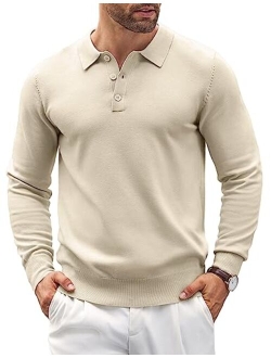 Mens Knit Polo Shirts Casual Long Sleeve Classic Polo Shirts Button Down Golf Shirts