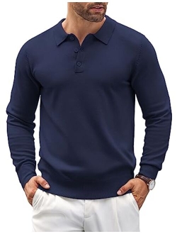 Mens Knit Polo Shirts Casual Long Sleeve Classic Polo Shirts Button Down Golf Shirts