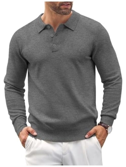 Mens Knit Polo Shirts Casual Long Sleeve Classic Polo Shirts Button Down Golf Shirts