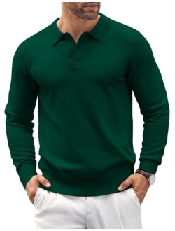 Mens Knit Polo Shirts Casual Long Sleeve Classic Polo Shirts Button Down Golf Shirts