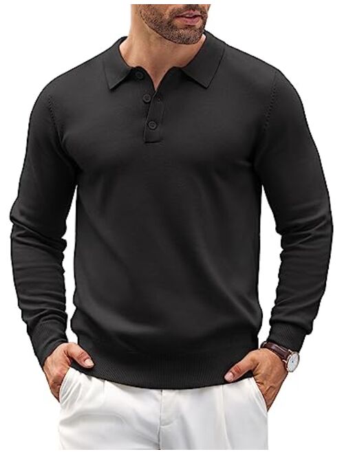 COOFANDY Mens Knit Polo Shirts Casual Long Sleeve Classic Polo Shirts Button Down Golf Shirts