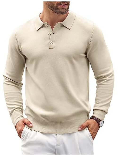 COOFANDY Mens Knit Polo Shirts Casual Long Sleeve Classic Polo Shirts Button Down Golf Shirts