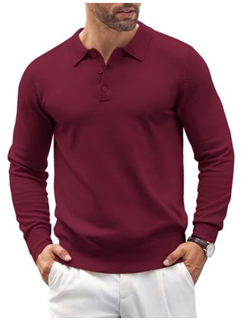 COOFANDY Mens Knit Polo Shirts Casual Long Sleeve Classic Polo Shirts Button Down Golf Shirts