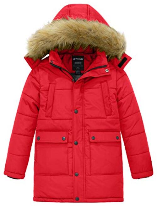 Wantdo Boy's Mid-Long Warm Winter Coat Quilted Fleece Lined Puffer Jacket with Detachable Fur Hood