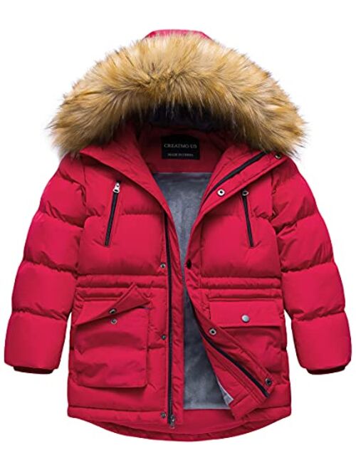 CREATMO US Boy's Winter Parka Water Resistant Hooded Puffer Fleece Lined Jackets Coats