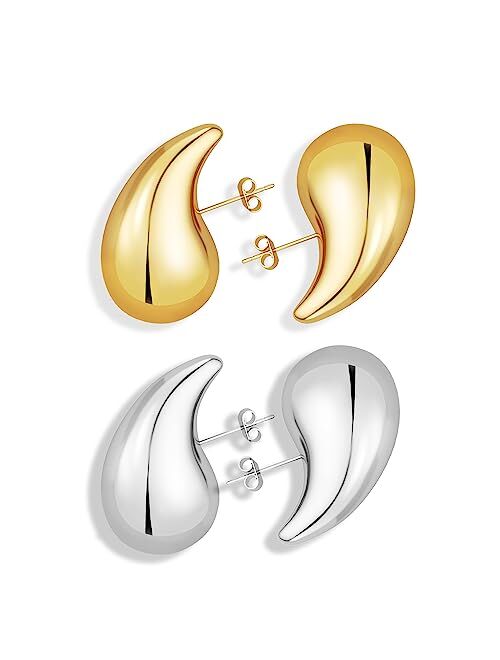 Poaiiu Chunky Gold Hoop Earrings for Women 14K Gold Plated/Sliver Waterdrop Hoops Lightweight Teardrop Earrings Trendy Jewelry for Girls