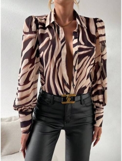 SHEIN Priv Leopard Print Puff Sleeve Chiffon Shirt