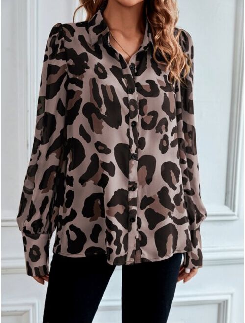 SHEIN Priv Leopard Print Puff Sleeve Chiffon Shirt