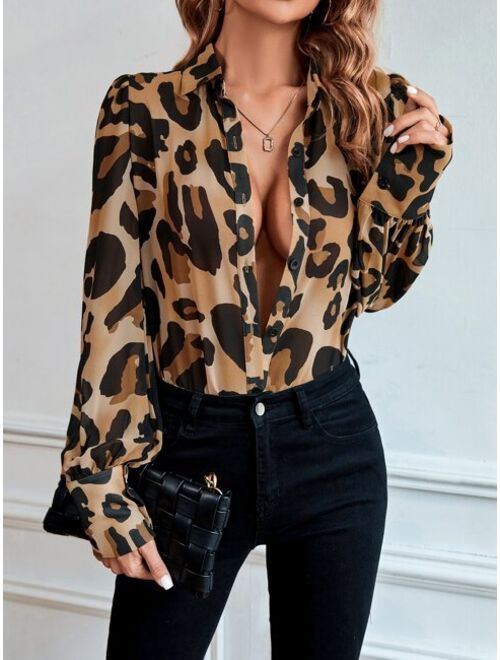 SHEIN Priv Leopard Print Puff Sleeve Chiffon Shirt