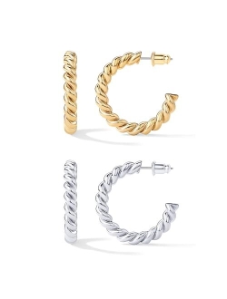 14K Gold Plated Twisted Rope Round Hoop Earrings in Rose Gold, White Gold and Yellow Gold