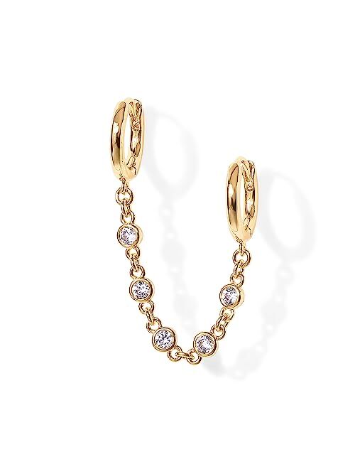 PAVOI 14K Gold Chain Earrings for Women | Double Piercing Dangle Chain Huggie Hoop Earrings | Cubic Zirconia Pearl Stud Ear Cuff Earrings for Women