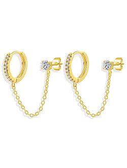 Awinesn 925 Silver Hoop Chain Earrings for Women 14K Gold Plated Trendy Chain Dangle Earrings Double Piercing Earrings for Teen Girls