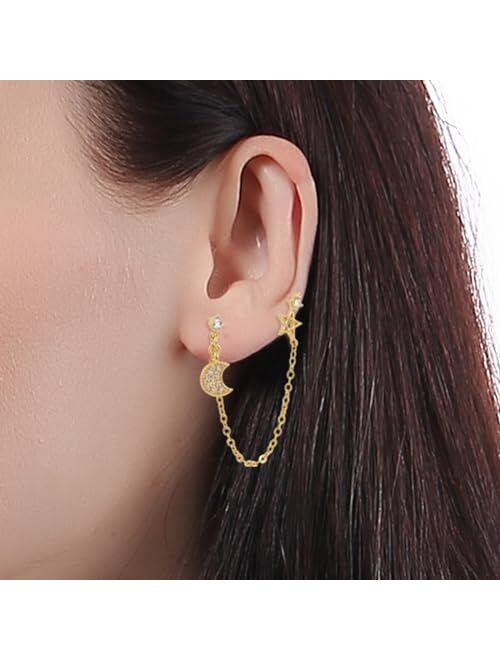 ToHeart Chain Earrings Double Piercing Double Earrings 14k Gold Stud Earrings Hypoallergenic Double Piercing Earrings Lightweight