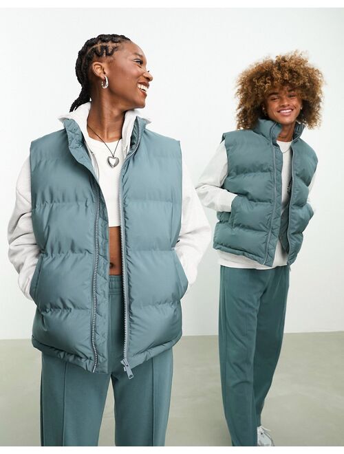 Weekday Unisex Kip puffer vest in slate blue exclusive to ASOS