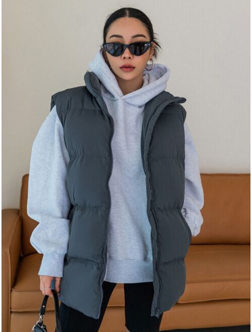 DAZY Slant Pockets Vest Puffer Pockets Coat Without Hoodie