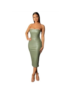 XLLAIS Women Sexy Strapless Tube Top Club Midi Dress Off Shoulder Bodycon Party Faux Leather Dress