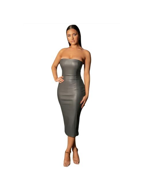 XLLAIS Women Sexy Strapless Tube Top Club Midi Dress Off Shoulder Bodycon Party Faux Leather Dress