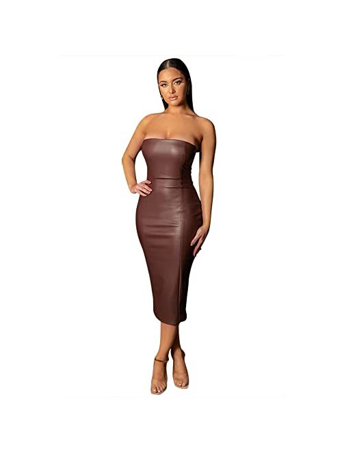 XLLAIS Women Sexy Strapless Tube Top Club Midi Dress Off Shoulder Bodycon Party Faux Leather Dress