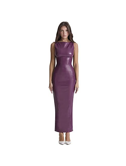 XLLAIS Women's Faux PU Leather Bodycon Maxi Dress Sexy Boatneck Tank Long Dresses