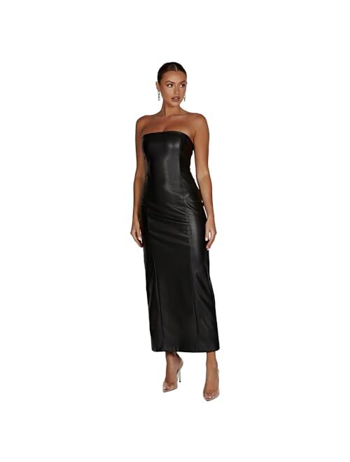 XLLAIS Women's Faux PU Leather Bodycon Maxi Dress Sexy Boatneck Tank Long Dresses