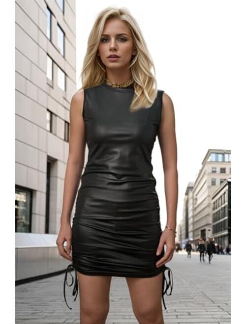 Bellelily Sexy Faux PU Leather Sleeveless Bodycon Dress for Women Side Drawstring Ruched Mini Tank Dresses Casual Party Club